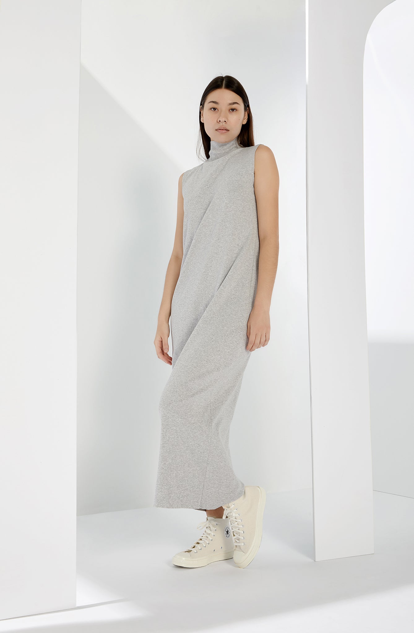 A.BCH A.14 Grey Marle Sleeveless Skivvy Dress in Organic Cotton Rib
