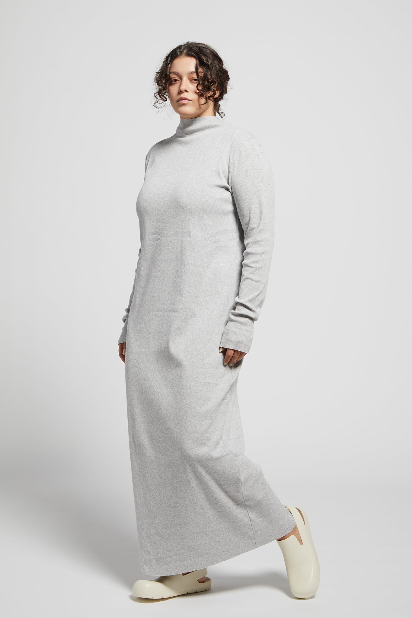 A.BCH A.14 Grey Marle Long Sleeve Skivvy Dress in Organic Cotton Rib
