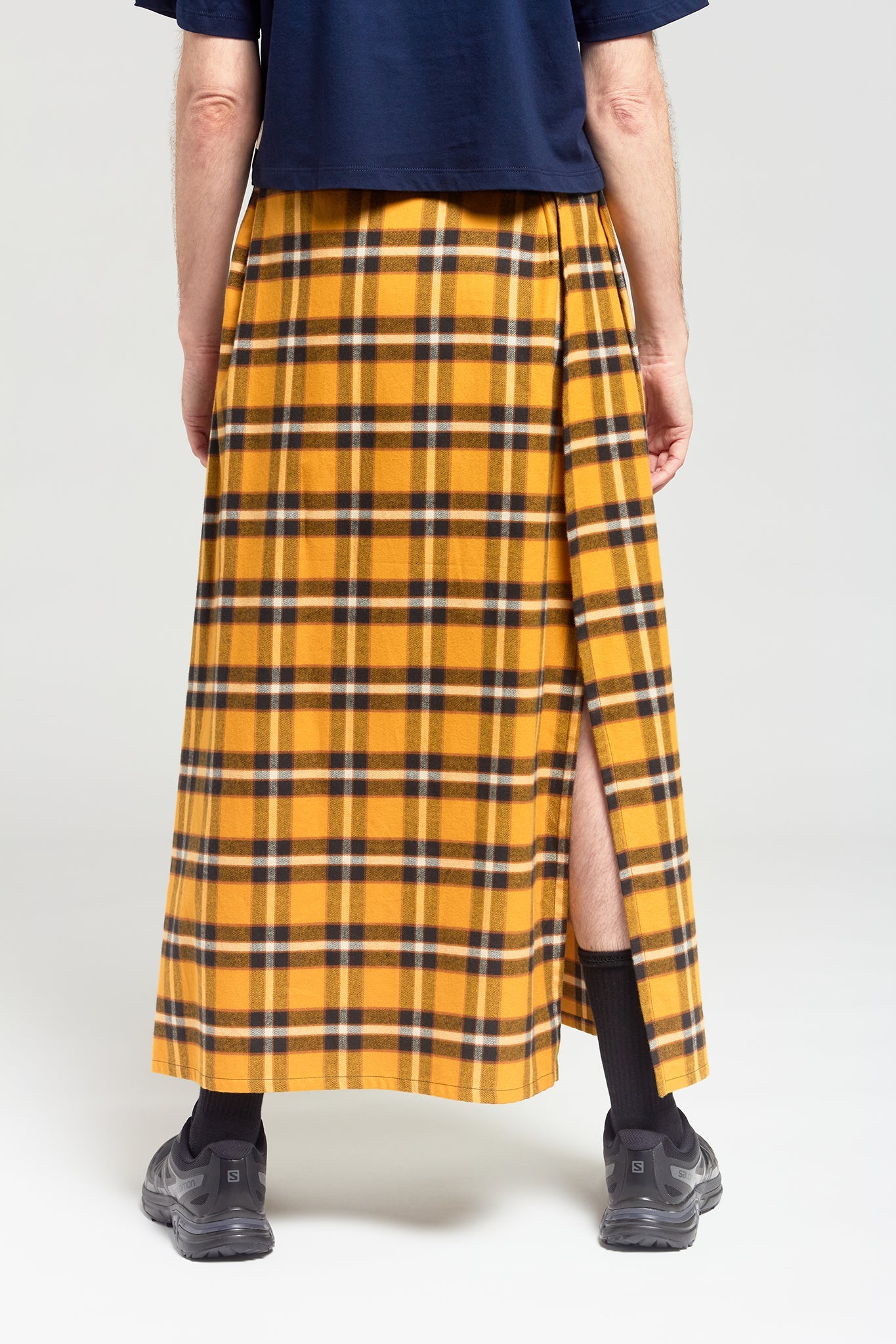 A.BCH A.25 Bolt Navy Marigold Plaid Skirt in Fine Flannel Japanese Organic Cotton