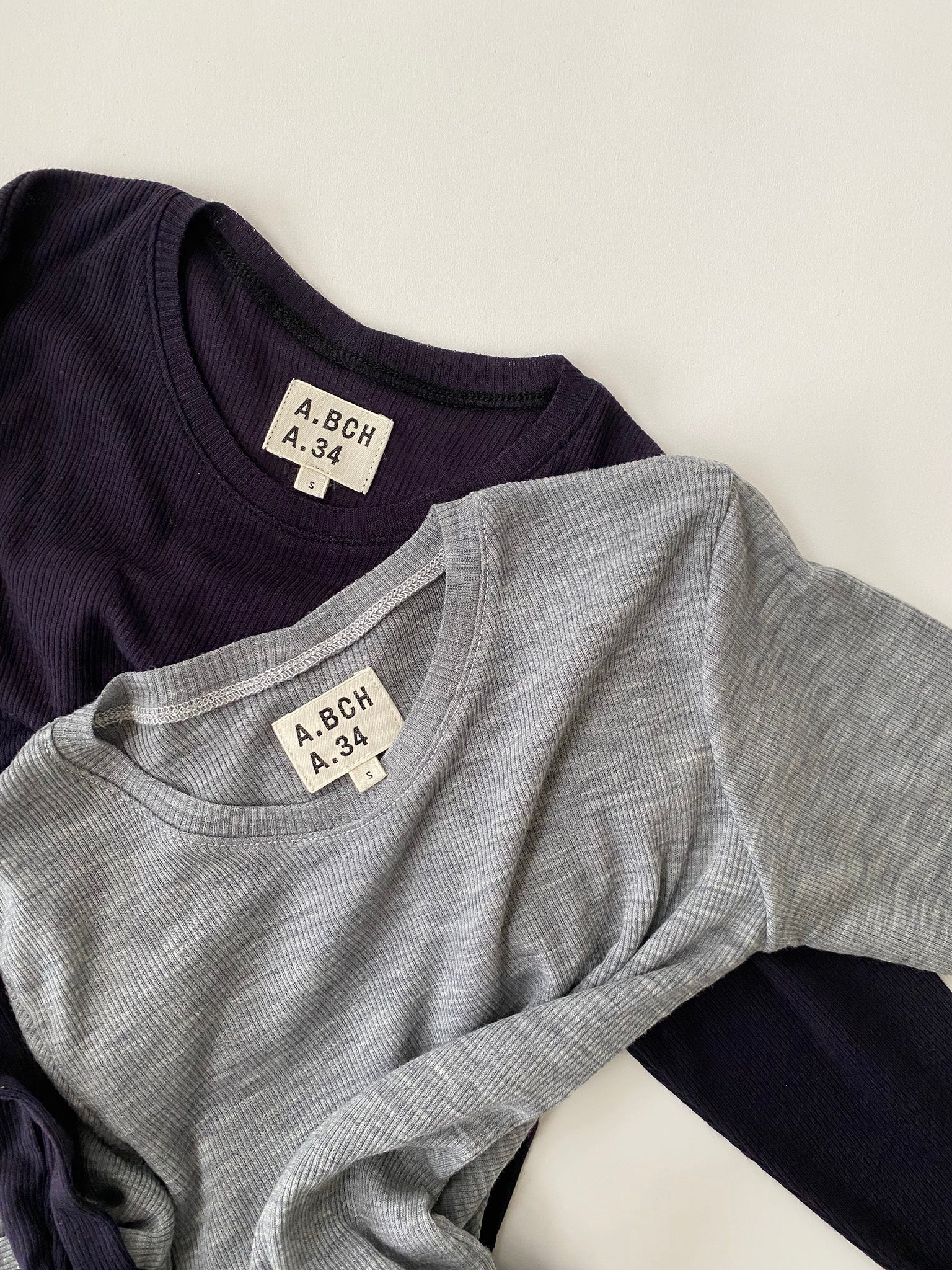 A.BCH A.34 Grey Marle and Aubergine Long Sleeve Thermal T-Shirt in Australian Merino