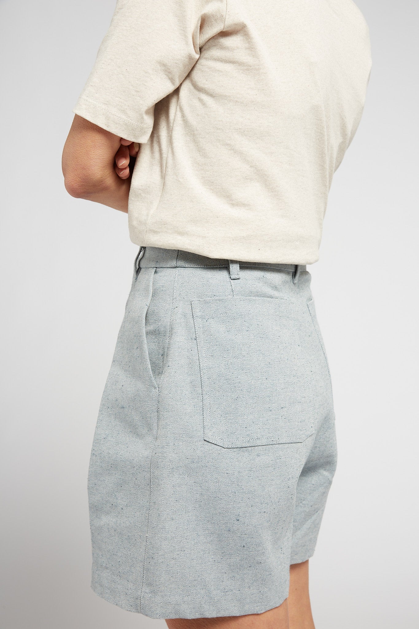 A.BCH A.39 Recycled Denim Tailored Shorts in Light Indigo