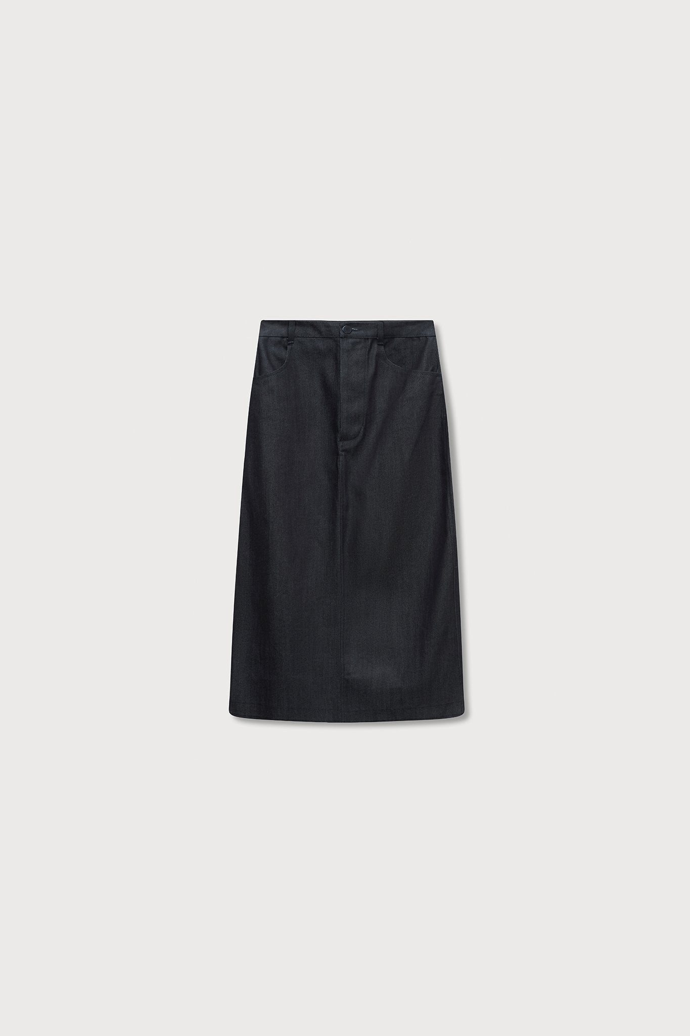 A.BCH A.40 Dark Indigo Raw Denim Midi Skirt in Organic Cotton