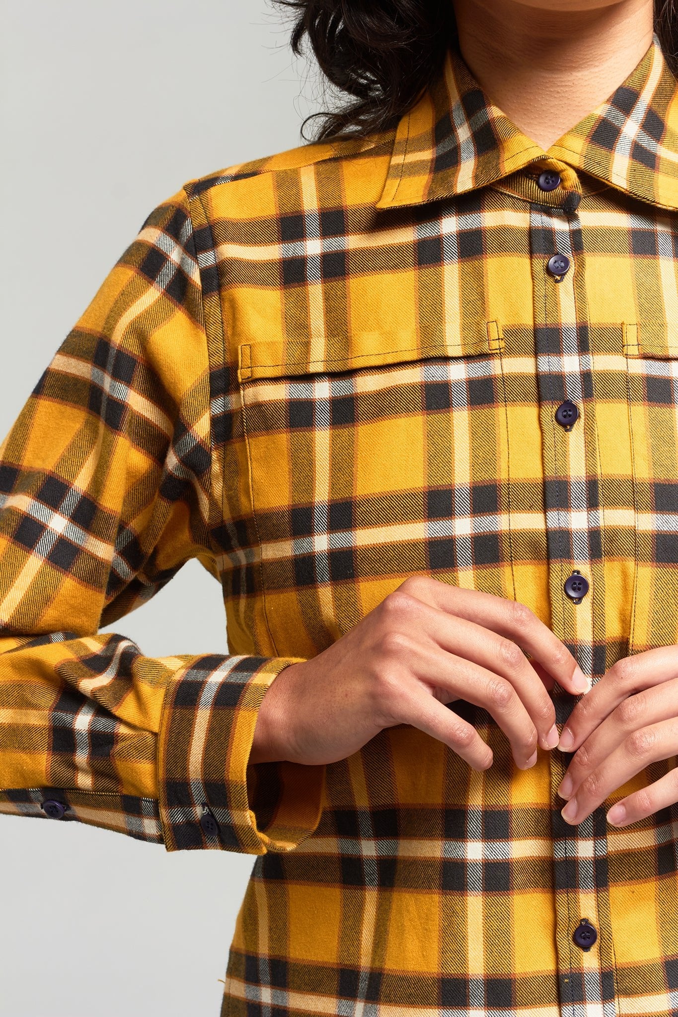 A.BCH A.46 Navy Marigold Plaid Cropped Fine Flannel Shirt in Japanese Organic Cotton