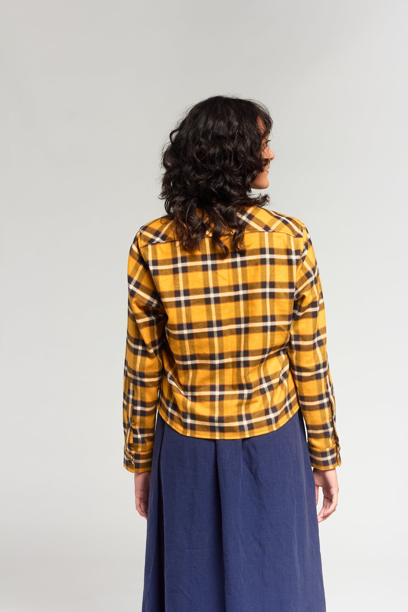 A.BCH A.46 Navy Marigold Plaid Cropped Fine Flannel Shirt in Japanese Organic Cotton