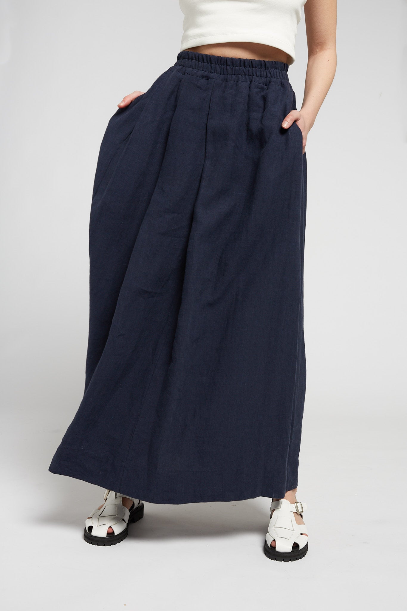 A.BCH A.50 Navy Asymmetric Pleated Skirt in Organic Linen