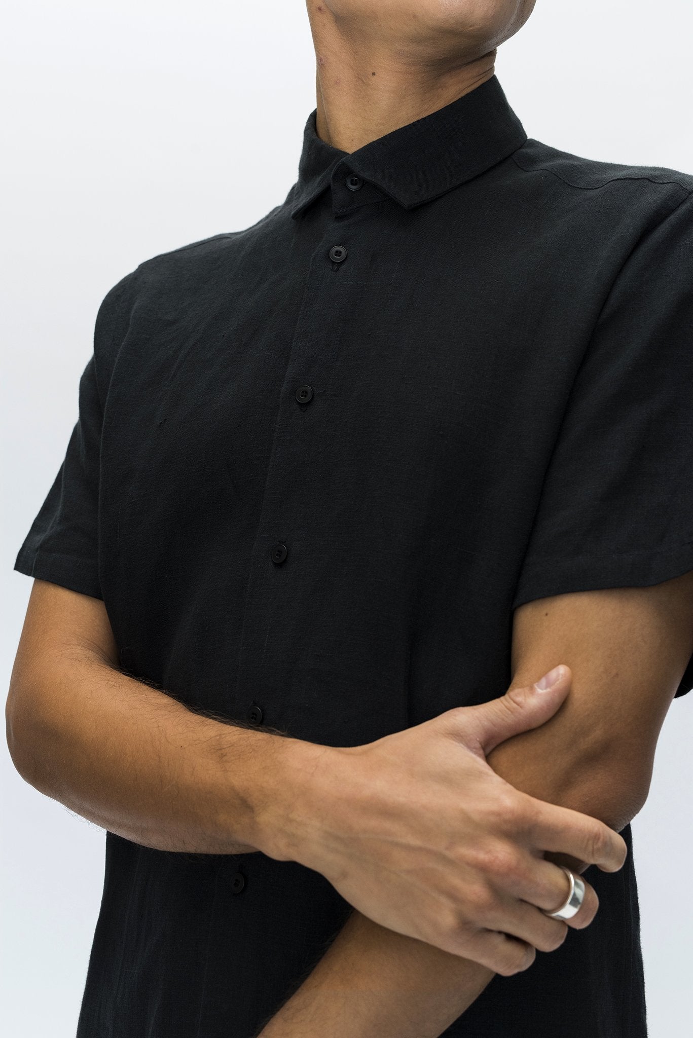 A.BCH A.04 Black Short Sleeve Button Up Shirt in Organic Linen