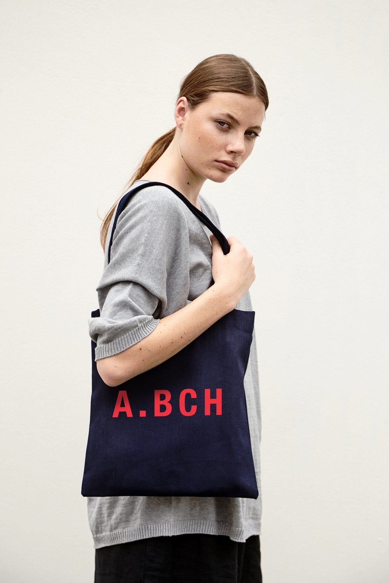A.BCH A.06 Indigo Raw Denim Tote Bag with Red Print in Organic Cotton
