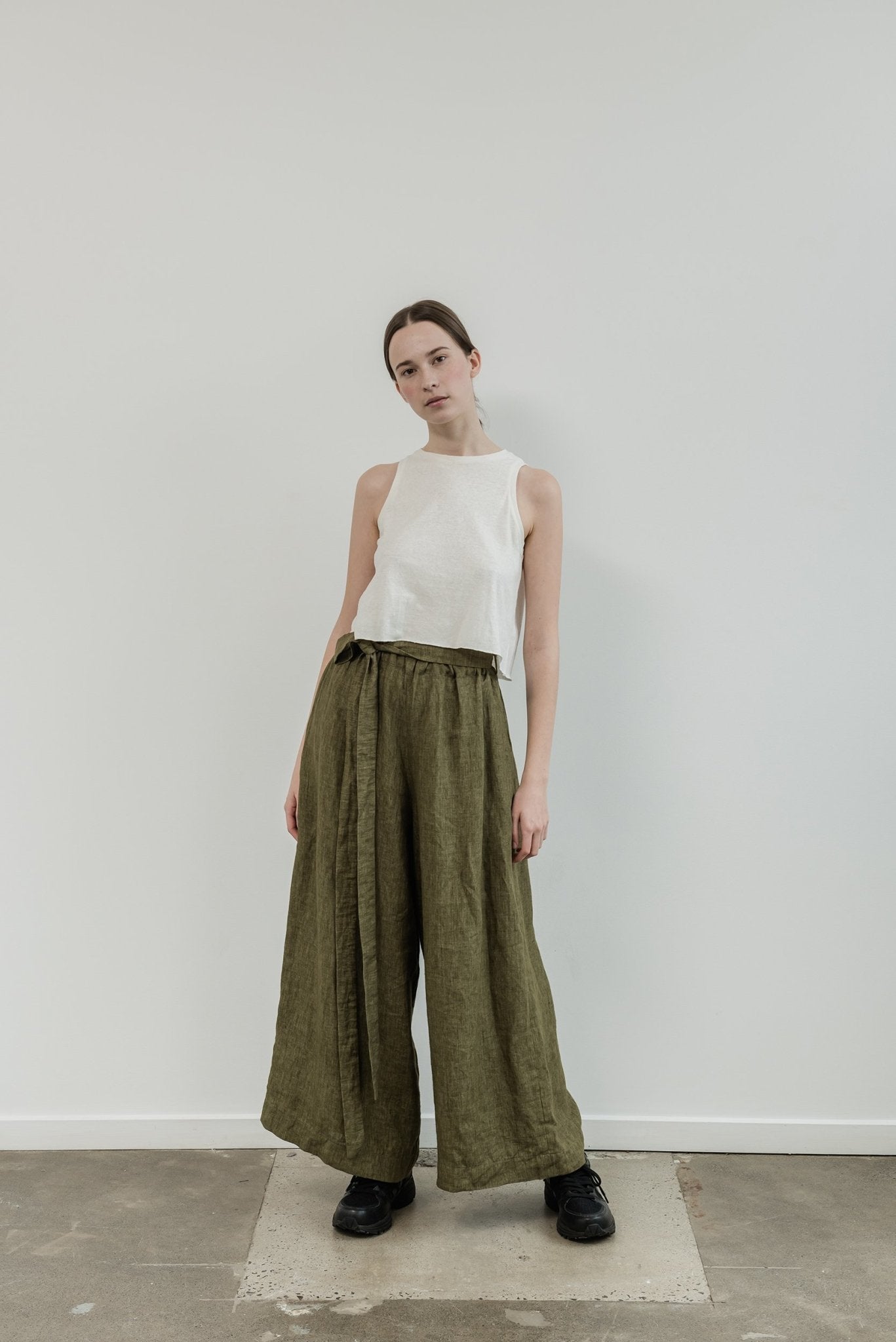 A.BCH A.10 Olive Palazzo Trousers in Organic Linen